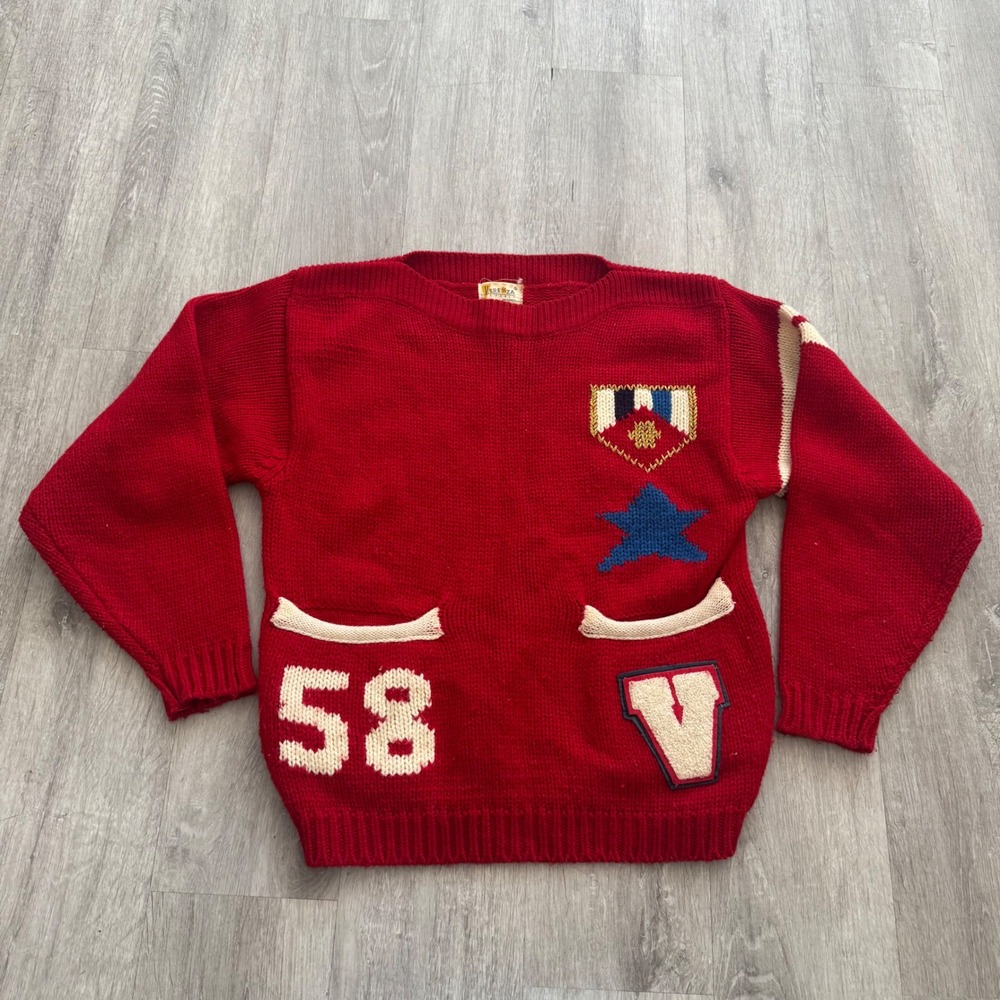 Vintage Verenza Sports Red Varsity Knit Sweater Patches 58 V Small Collegiate